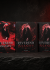 Three books titled 'Reverend Insanity' with dark and red cover design on a dark background.